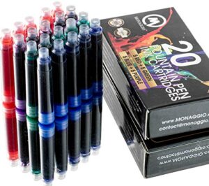 extra ink cartridges for most fountain pens including monaggio pens. fancy pack of 20 refill cartridges for your fountain pens and monaggio pen: blue, purple, green & red