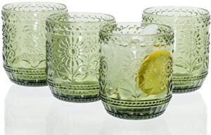 vintage botanist drinking glass set, luxurious floral embossed decorative green glassware, set of 4, 4-inch, 12 oz