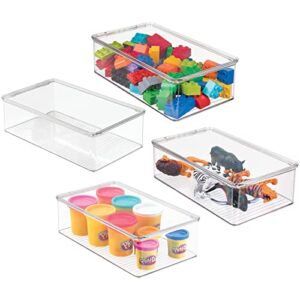 mdesign plastic playroom/game organizer box containers with hinged lid for shelves or cubbies, holds toys, building blocks, puzzles, markers, controllers, or crayons, ligne collection, 4 pack, clear