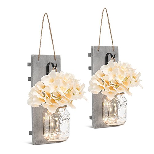 HAchoo Rustic Candle Wall Sconces Mason Jar Decoration Handmade Wall Decor Hanging Design with LED Fairy Lights Living Decor,Farmhouse Kitchen Decorations Wall Home Decor Bathroom Set of 2…