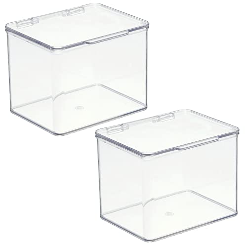 mDesign Small Plastic Home Office Storage Organizer Box Containers w/Hinged Lid for Desktops - Holds Pens, Pencils, Sticky Notes, Highlighters, Staples, Supplies - Lumiere Collection - 2 Pack - Clear