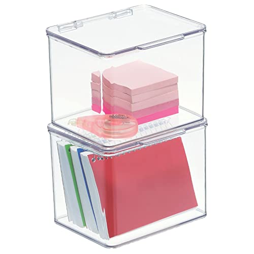 mDesign Small Plastic Home Office Storage Organizer Box Containers w/Hinged Lid for Desktops - Holds Pens, Pencils, Sticky Notes, Highlighters, Staples, Supplies - Lumiere Collection - 2 Pack - Clear