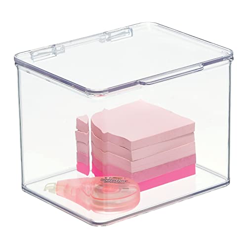 mDesign Small Plastic Home Office Storage Organizer Box Containers w/Hinged Lid for Desktops - Holds Pens, Pencils, Sticky Notes, Highlighters, Staples, Supplies - Lumiere Collection - 2 Pack - Clear