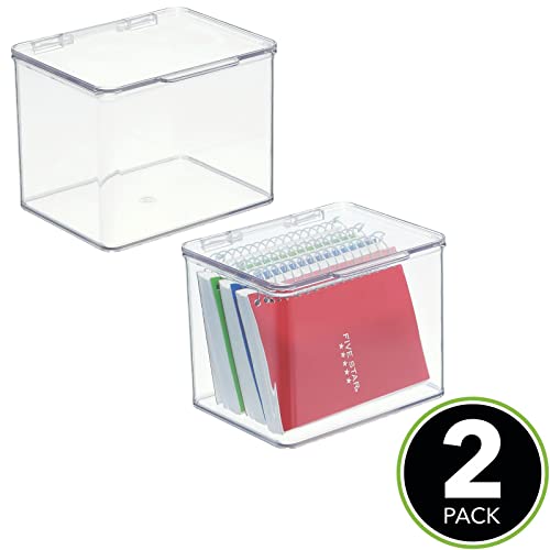 mDesign Small Plastic Home Office Storage Organizer Box Containers w/Hinged Lid for Desktops - Holds Pens, Pencils, Sticky Notes, Highlighters, Staples, Supplies - Lumiere Collection - 2 Pack - Clear