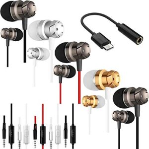 5 packs earbud headphones with remote & microphone, sourceton in ear earphone stereo sound tangle free for smartphones, laptops, gaming, fits all 3.5mm interface device w/3.5mm to type c adapter