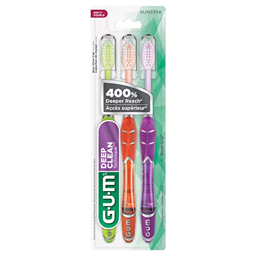 GUM - 525E Technique Deep Clean Toothbrush with Quad-Grip Handle, Compact Head & Soft Bristles, 3 Count
