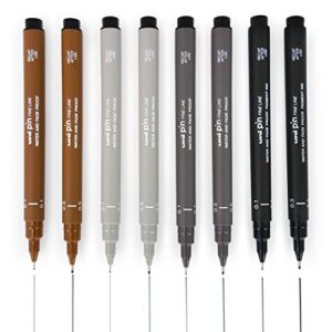 uni pin fineliner drawing pen - sketching set of 8-0.1mm / 0.5mm - black, dark gray, light gray, and sepia