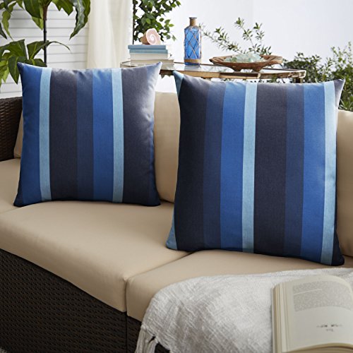 Mozaic AMPS116908 Indoor Outdoor Sunbrella Square Pillows, Set of 2 16 x 16 Blue Stripes