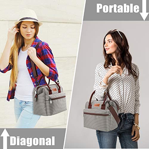 angel wish Lunch Bags for Women Leakproof Insulated Crossbody Wide Open Lunch Bag Lunch Pail Adults Lunch Box Lunch Cooler Bag for Women,Nurse,Teachers (Black White Strip)