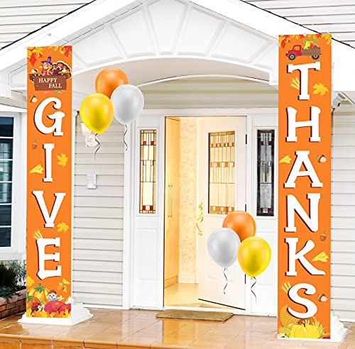 Fall Thanksgiving Decorations for Home - GIVE THANK Banner Outdoor Decorations Hanging Banner Porch Sign Fall Indoor Decorations Banner Celebrate Harvest Party Welcome Thanksgiving Wall Door Decor