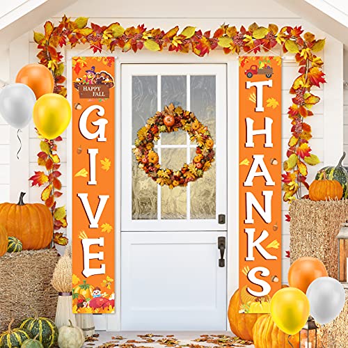 Fall Thanksgiving Decorations for Home - GIVE THANK Banner Outdoor Decorations Hanging Banner Porch Sign Fall Indoor Decorations Banner Celebrate Harvest Party Welcome Thanksgiving Wall Door Decor