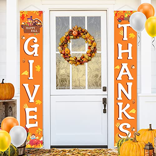 Fall Thanksgiving Decorations for Home - GIVE THANK Banner Outdoor Decorations Hanging Banner Porch Sign Fall Indoor Decorations Banner Celebrate Harvest Party Welcome Thanksgiving Wall Door Decor