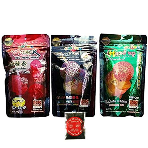 OKIKO Flowerhorn Fish Food Cichlid Quick Red Mark Head Up Huncher Platinum and Color Faster Set 3 of XL Pellets 3.5 oz 100g