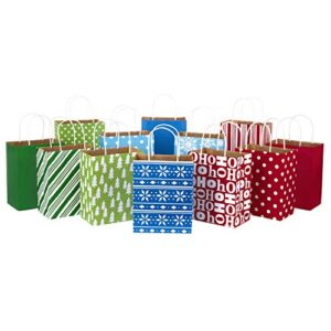 hallmark 9" medium holiday gift bag assortment (pack of 12, solids and prints in red, green, blue) paper gift bags with christmas trees, stripes, polka dots