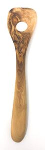 aramedia wooden cooking utensil olive wood risotto spoon, stir spoon with hole - handmade and hand carved by bethlehem artisans near the birthplace of jesus (12.5" x 2.5" x 0.3")