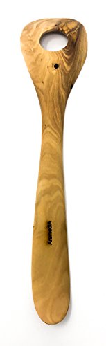 AramediA Wooden Cooking Utensil Olive Wood Risotto Spoon, Stir Spoon with Hole - Handmade and Hand Carved By Bethlehem Artisans near the birthplace of Jesus (12.5" x 2.5" x 0.3")