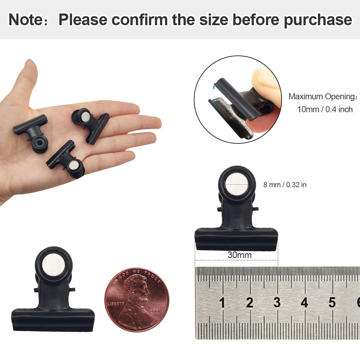 Coideal Mini Magnetic Hinge Clips - 30 Pack 31mm Small Metal Refrigerator Bulldog Clip with Strong Magnet Scratch Free - Best for Office School, Hanging Photo (Black)