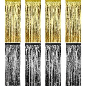 sumind 8 pack foil curtains fringe curtains tinsel backdrop metallic curtains for birthday wedding party photo booth decorations (gold and black)