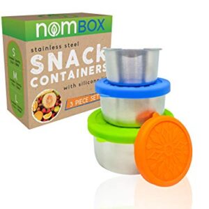 NomBox Stainless Steel Food Storage Containers – Set of 3 Kitchen Lunch/Snack Containers With Leak-proof Silicone Lids – Reusable & Washable – For Portion Control, Food Prep & Storing