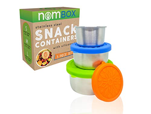 NomBox Stainless Steel Food Storage Containers – Set of 3 Kitchen Lunch/Snack Containers With Leak-proof Silicone Lids – Reusable & Washable – For Portion Control, Food Prep & Storing