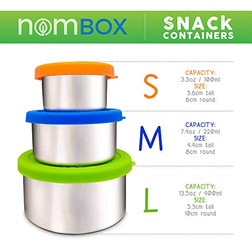 NomBox Stainless Steel Food Storage Containers – Set of 3 Kitchen Lunch/Snack Containers With Leak-proof Silicone Lids – Reusable & Washable – For Portion Control, Food Prep & Storing