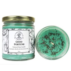 good fortune spell candle by art of the root | handmade with herbs & essential oils, natural soy wax | prosperity, blessings, luck & abundance rituals | conjure, wiccan, pagan & magick