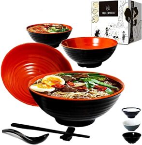 vallenwood 4 set, 16 pieces. ramen bowl set, asian japanese soup with spoons chopsticks and stands, restaurant quality melamine, large 37 oz for noodles, pho, noodle, udon, thai, chinese dinnerware.
