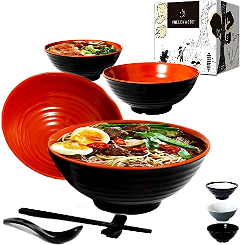 VALLENWOOD 4 set, 16 pieces. Ramen Bowl Set, Asian Japanese soup with Spoons Chopsticks and Stands, Restaurant Quality Melamine, Large 37 oz for Noodles, Pho, Noodle, Udon, Thai, Chinese dinnerware.