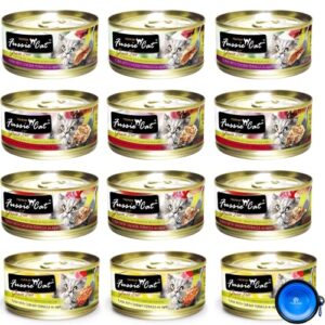 fussie cat premium canned grain free cat wet food - variety bundle 4 flavors pack with hs pet food bowl (12 cans) (tuna & ocean fish- tuna & salmon - tuna & shrimp - tuna & chicken) (2.82 oz)