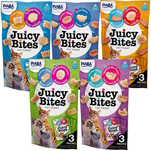 INABA Juicy Bites Grain-Free, Soft, Moist, Chewy Cat Treats with Vitamin E and Green Tea Extract, 0.4 Ounces per Pouch, 15 Pouches (3 per Pouch), 5 Flavor Variety Pack