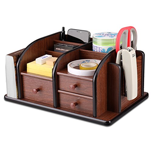 Flexzion Wooden Desk Organizer w/Drawers - Classic Wood Office Supplies Accessories Desktop Tabletop Sorter Shelf Rack Cherry Brown Pencil Holder Caddy Set with 3 Drawers, 3 Compartments & 2 Shelves