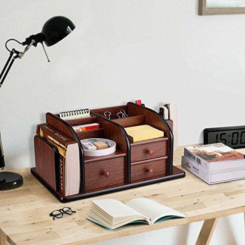 Flexzion Wooden Desk Organizer w/Drawers - Classic Wood Office Supplies Accessories Desktop Tabletop Sorter Shelf Rack Cherry Brown Pencil Holder Caddy Set with 3 Drawers, 3 Compartments & 2 Shelves