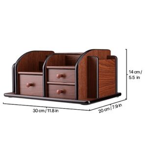 Flexzion Wooden Desk Organizer w/Drawers - Classic Wood Office Supplies Accessories Desktop Tabletop Sorter Shelf Rack Cherry Brown Pencil Holder Caddy Set with 3 Drawers, 3 Compartments & 2 Shelves