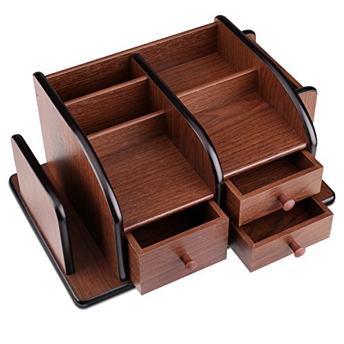 Flexzion Wooden Desk Organizer w/Drawers - Classic Wood Office Supplies Accessories Desktop Tabletop Sorter Shelf Rack Cherry Brown Pencil Holder Caddy Set with 3 Drawers, 3 Compartments & 2 Shelves