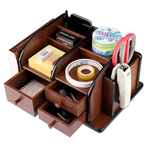 Flexzion Wooden Desk Organizer w/Drawers - Classic Wood Office Supplies Accessories Desktop Tabletop Sorter Shelf Rack Cherry Brown Pencil Holder Caddy Set with 3 Drawers, 3 Compartments & 2 Shelves