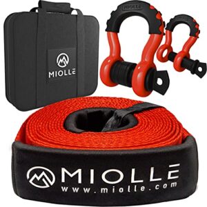 miolle tow strap 3”x20’- 33400lbs mbs (lab tested) recovery strap kit includes: tow rope, 2 d-ring shackles mbs-41800lbs, storage case