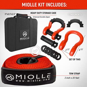 Miolle Tow Strap 3”x20’- 33400lbs MBS (Lab Tested) Recovery Strap Kit Includes: Tow Rope, 2 D-Ring Shackles MBS-41800LBS, Storage Case