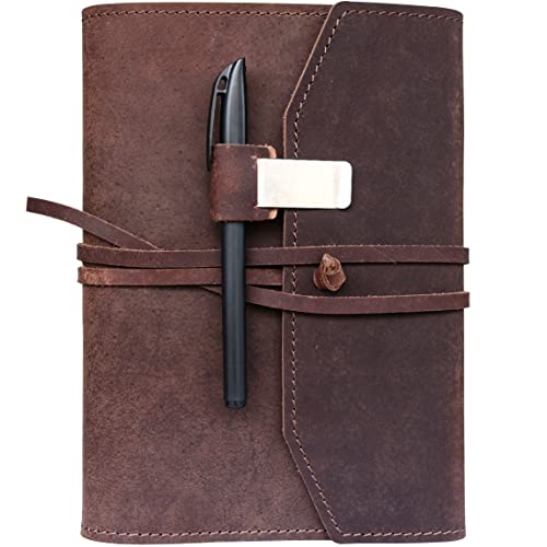 Refillable Leather Journal Writing Notebook - Lay Flat Notebook, Handmade Leather Bound Diary for Men & Women, Gift for Travel Diary, Creative Writing & Art Sketchbook to Write in, Large 6x8