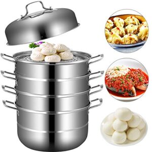 vevor 5-tier stainless steel food steamer, 11'' steaming cookware saucepot transparent tempered glass lid, work with gas, electric, induction oven, grill stove top, dishwasher safe
