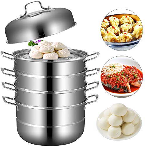 VEVOR 5-Tier Stainless Steel Food Steamer, 11'' Steaming Cookware Saucepot Transparent Tempered Glass Lid, Work with Gas, Electric, Induction Oven, Grill Stove Top, Dishwasher Safe