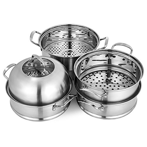 VEVOR 5-Tier Stainless Steel Food Steamer, 11'' Steaming Cookware Saucepot Transparent Tempered Glass Lid, Work with Gas, Electric, Induction Oven, Grill Stove Top, Dishwasher Safe