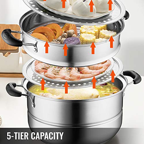 VEVOR 5-Tier Stainless Steel Food Steamer, 11'' Steaming Cookware Saucepot Transparent Tempered Glass Lid, Work with Gas, Electric, Induction Oven, Grill Stove Top, Dishwasher Safe