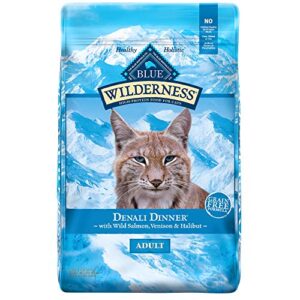 blue buffalo wilderness high protein, natural adult dry cat food, denali dinner with wild salmon, venison & halibut 10lb