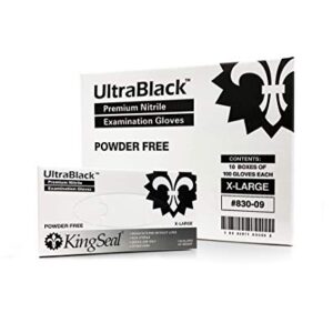 KingSeal LARGE UltraBlack Nitrile Exam Gloves, Medical Grade, Powder Free, 4 MIL, Textured Fingertips - 1 Box of 100 Gloves By Weight