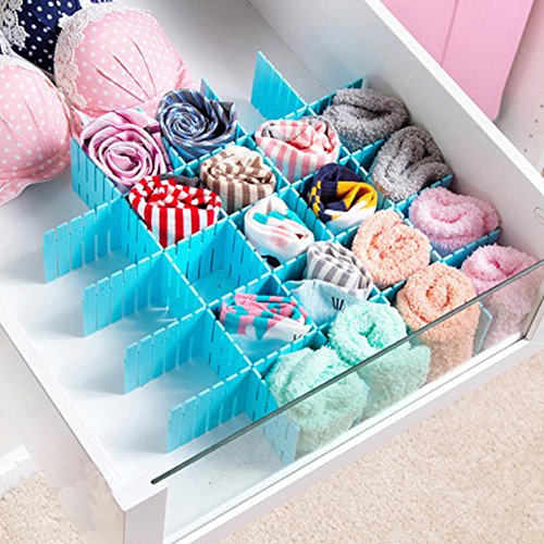 NewFerU Drawer Organizer Grid Dividers X 32, Adjustable Plastic DIY Partition Separators, Storage Box Tidy Inserts for Underwear Sock Bra Tie Scarf Tshirt Ornament Makeup Kitchen Cutlery (Blue)