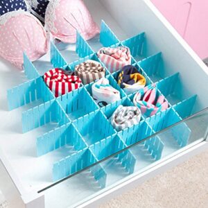 NewFerU Drawer Organizer Grid Dividers X 32, Adjustable Plastic DIY Partition Separators, Storage Box Tidy Inserts for Underwear Sock Bra Tie Scarf Tshirt Ornament Makeup Kitchen Cutlery (Blue)