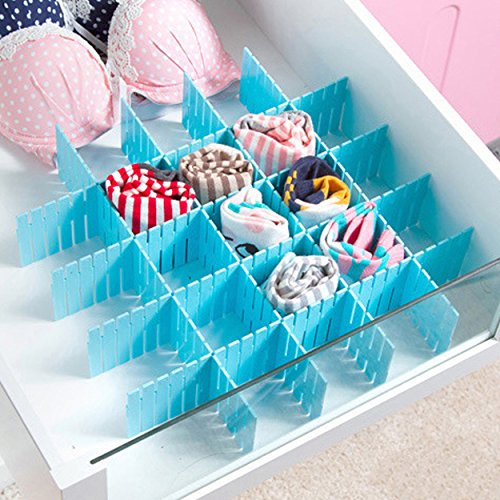 NewFerU Drawer Organizer Grid Dividers X 32, Adjustable Plastic DIY Partition Separators, Storage Box Tidy Inserts for Underwear Sock Bra Tie Scarf Tshirt Ornament Makeup Kitchen Cutlery (Blue)