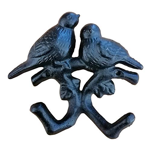 Comfy Hour 4.45" Cast Iron Birds Double Key Coat Hooks Wall Hanger Clothes Rail Set, Heavy Duty, Black, Antique & Vintage Collection