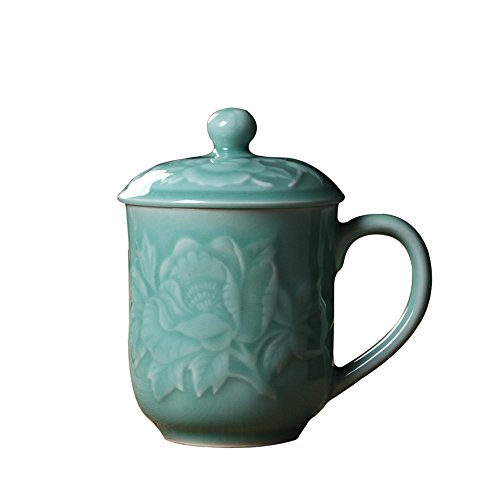 Teacups 13oz Coffee Mugs with Lid Porcelain Cups Embossed with Peony Chinese Celadon(01-Sky Blue)