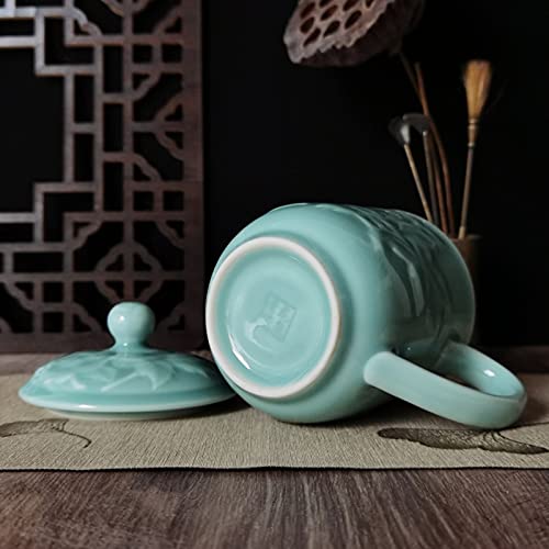 Teacups 13oz Coffee Mugs with Lid Porcelain Cups Embossed with Peony Chinese Celadon(01-Sky Blue)